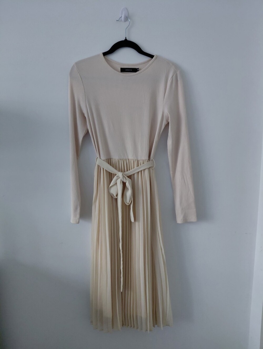 Pleated Cream Long-Sleeve Midi Dress with Waist Tie